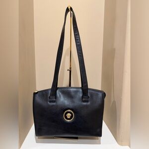 Versace Black Leather Shoulder Bag with Gold Medusa Accent